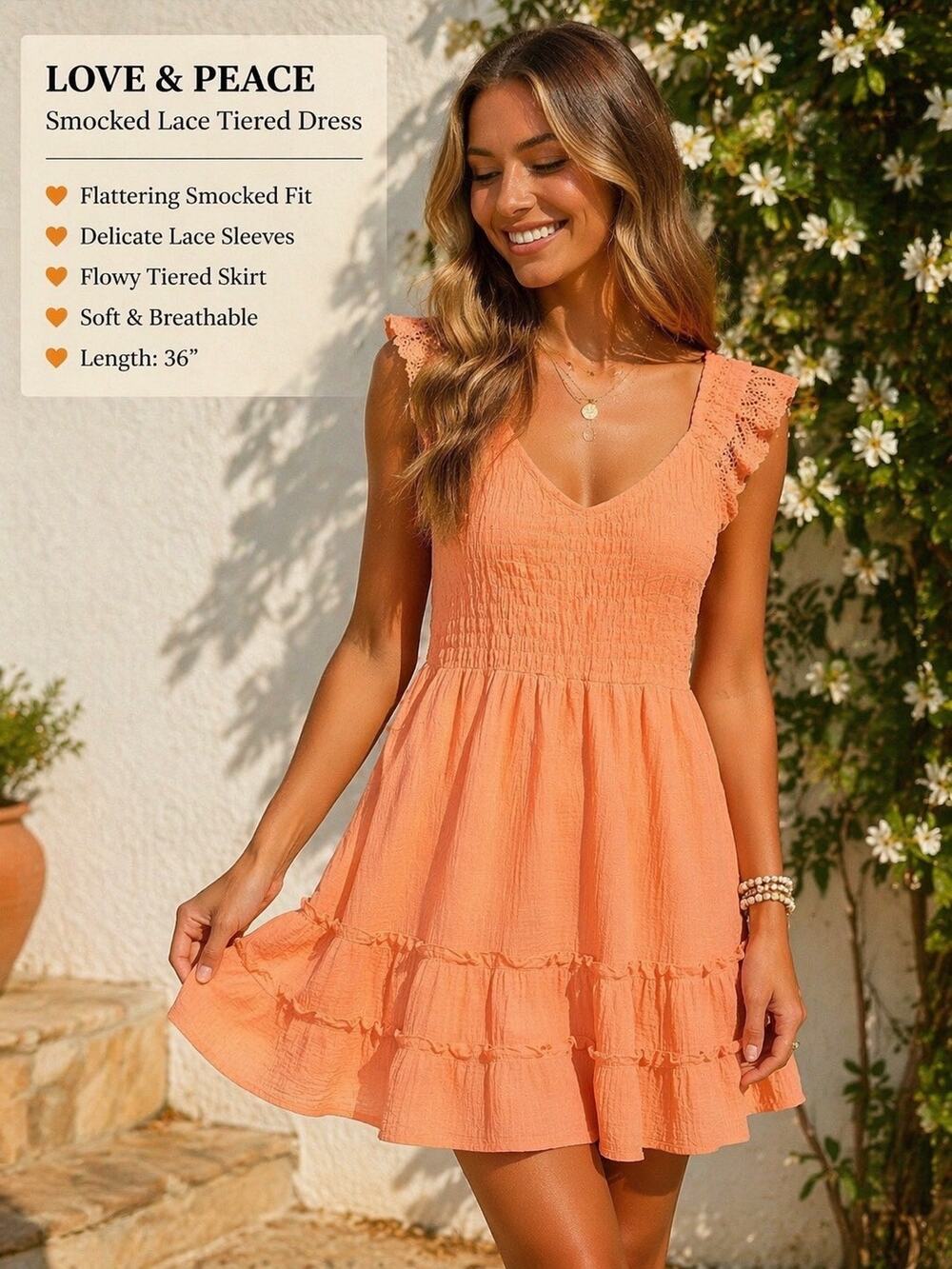 Love & Peace Dress Women XL Orange Smocked Lace Tiered Midi Boho New
